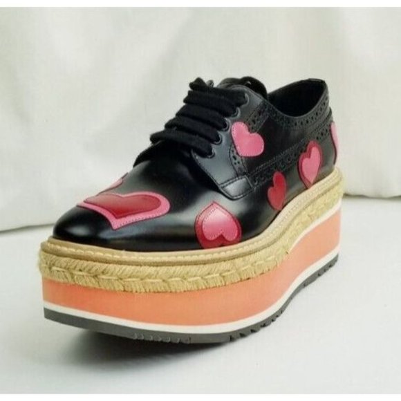 Prada Shoes - Prada Size 39 (US 8.5-9) Black Platform Red Pink Hearts Lace Up Shoes
